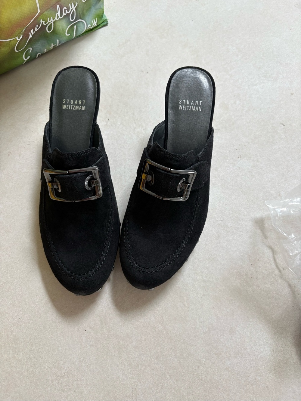 Stuart Weitzman Black Suede Buckle Slip-On Mules